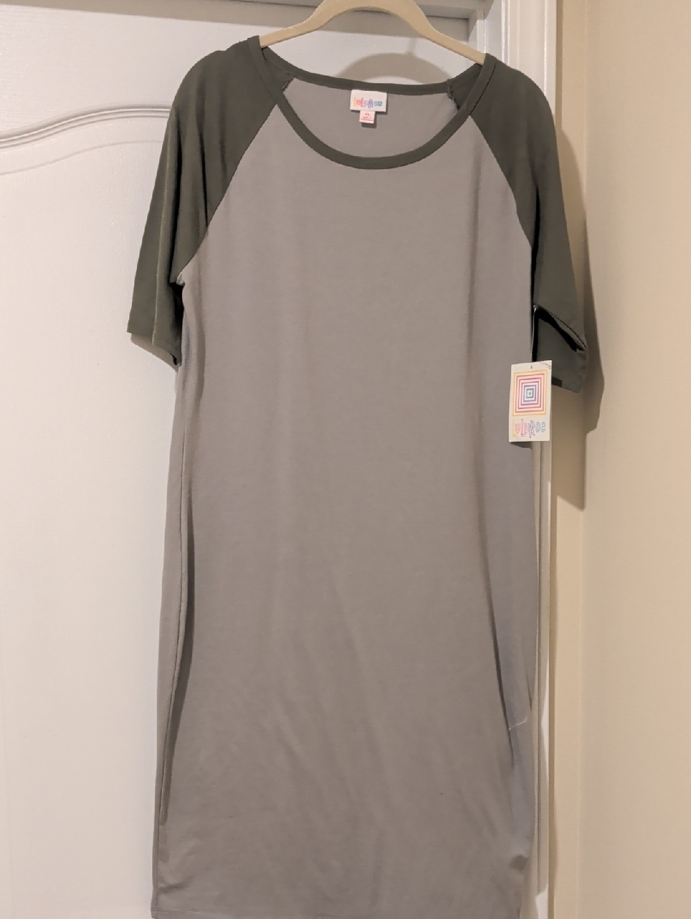 NWT LuLaRoe Julia  Two-Tone Raglan Dress - Gray Body with Olive Sleeves